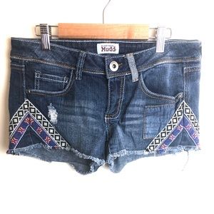 Mudd Womens Shorts Size 5 Juniors Blue Denim Tribal Embroidered Jean Bottoms